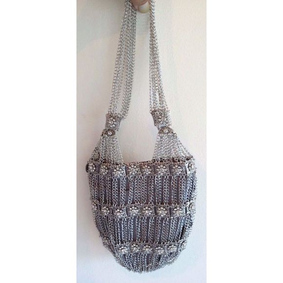 Kenny Ma Metal Mesh Swarovski Flower Beaded Handbag Bronze Bag Brown Purse NEW - Picture 6 of 9